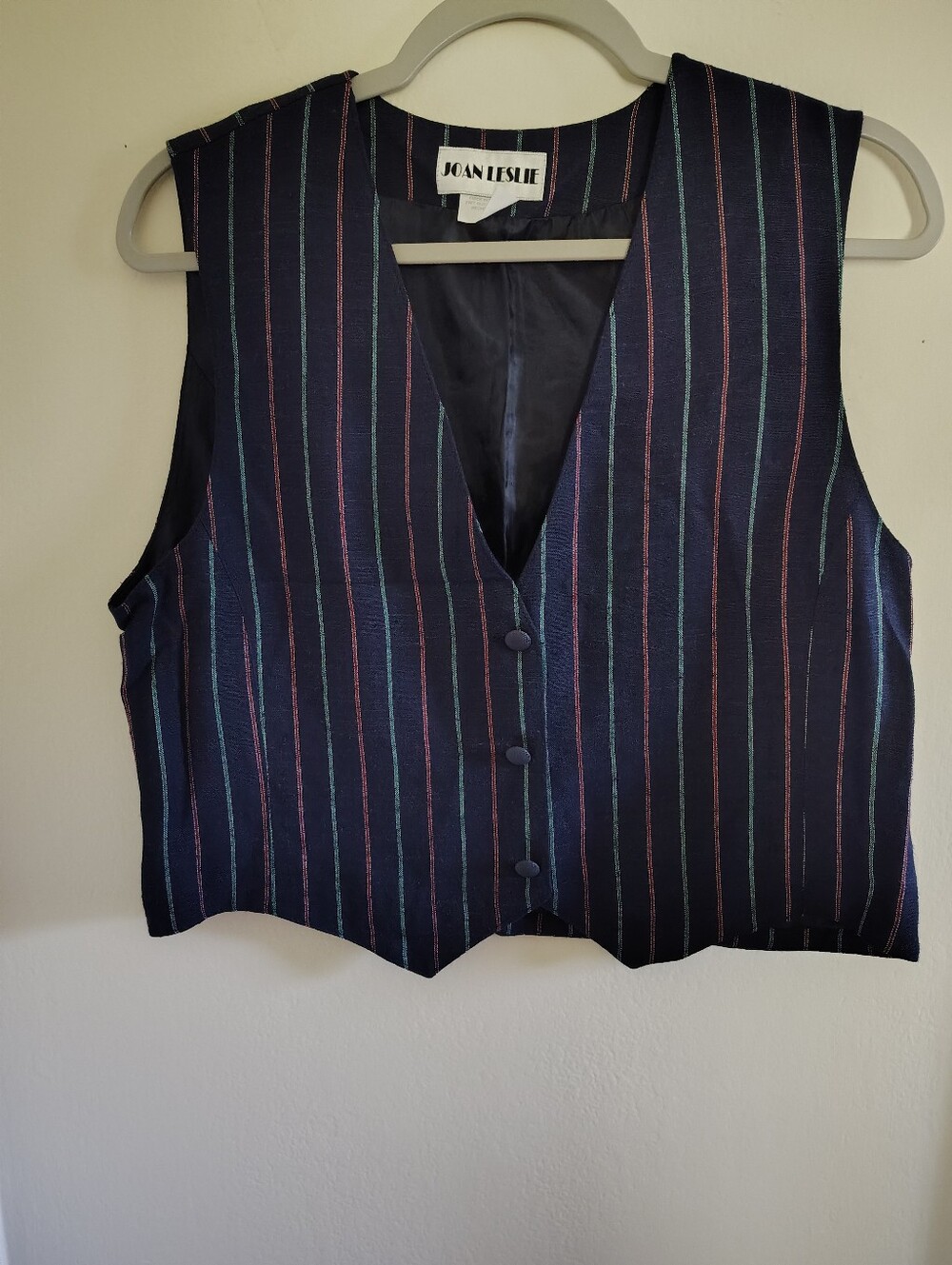 Vintage Joan Leslie Navy Striped Vest 12P Linen Blend Crop Preppy Academia Blue